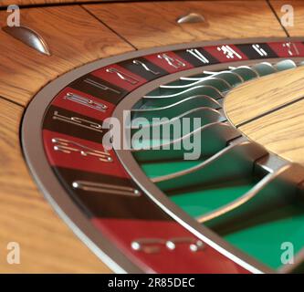 Un primo piano di una moderna ruota della roulette realizzata in legno con pennarelli rossi e neri e dettagli metallici su uno sfondo isolato - rendering 3D Foto Stock