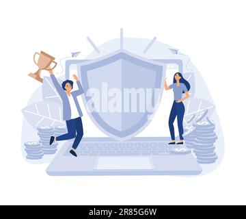 Programma bancario inconquistabile, assicurazione sicurezza clienti denaro, proteggere Borse, monete d'oro e operazioni elettroniche, piatto vettore moderna illustrazione Illustrazione Vettoriale