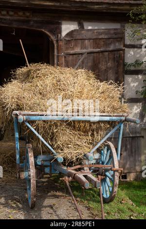 Vecchio carro di fieno di legno di fronte ad un fienile Foto Stock