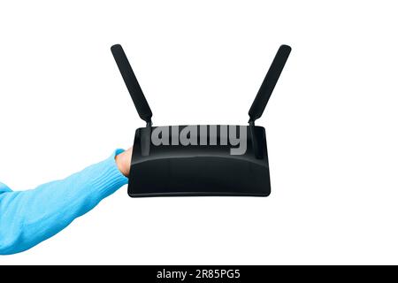 router wifi nero isolato su sfondo bianco Foto Stock