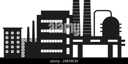 Set vettoriale per fabbrica, produzione e impianti. Raffineria di petrolio. Icone di silhouette di fabbrica. Magazzino industriale. Illustrazione Vettoriale