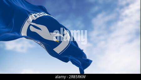 Brighton, Regno Unito, 2023 maggio: La bandiera di Brighton e Hove Albion Football Club sventola al vento in una giornata limpida. Premier League inglese. Edificio illustrativo Foto Stock
