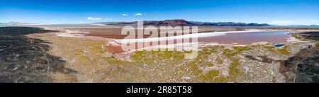 Argentina: Puna - vista aerea della colorata Laguna Carachi Pampa, un paesaggio surreale e bellissimo circondato da rocce vulcaniche e dune di sabbia Foto Stock