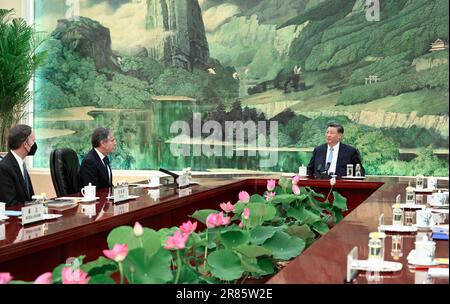 Pechino, Cina. 19th giugno, 2023. Il presidente cinese Xi Jinping incontra gli Stati Uniti in visita Segretario di Stato Antony Blinken a Pechino, capitale della Cina, 19 giugno 2023. Credit: Li Xueren/Xinhua/Alamy Live News Foto Stock