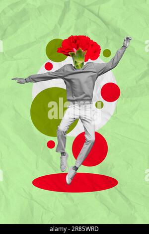 Immagine verticale poster immagine collage immagine di un ragazzo funky sfuso divertirsi celebrare la vittoria isolato su disegno sfondo verde Foto Stock