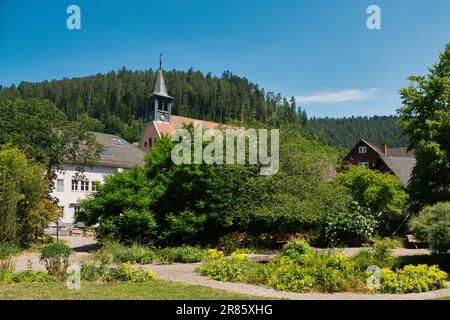 I giardini termali di Bad Teinach con edifici tra gli alberi nella Foresta Nera, Germania Foto Stock