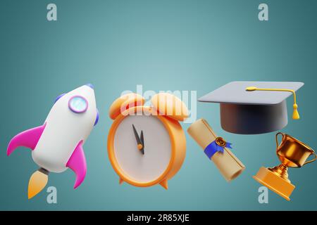 Ritorno a scuola. Rocket sveglia e tappo accademico di laurea. rendering 3d Foto Stock