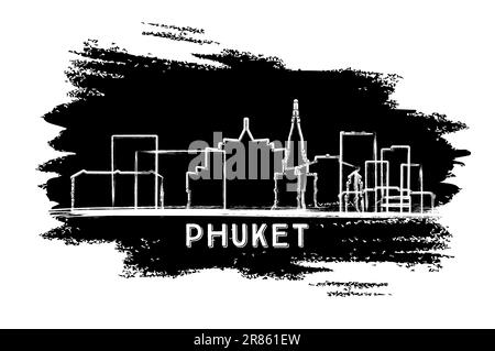 Phuket Thailand City Skyline Silhouette. Schizzo disegnato a mano. Concetto di viaggio d'affari e turismo con architettura moderna. Illustrazione vettoriale. Illustrazione Vettoriale