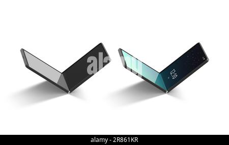 Attivato il display del telefono chamshell flessibile mockup piegato a metà, rendering 3D. Vuoto innovazione pieghevole schermo di avvio mock up, isolato. Modalità Clear (Cancella) Foto Stock