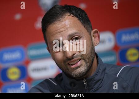 Tallinn, Estonia. 19th giugno, 2023. Il capo allenatore belga Domenico Tedesco ha illustrato nel corso di una conferenza stampa della nazionale belga di calcio Red Devils, lunedì 19 giugno 2023, a Tallinn, Estonia, in preparazione della partita contro l'Estonia. FOTO DI BELGA DIRK WAEM Credit: Agenzia Notizie di Belga/Alamy Live News Foto Stock