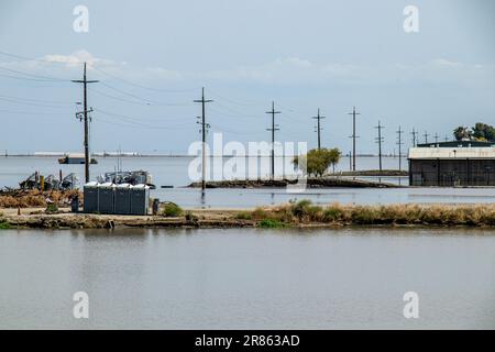 Fattoria allagata e raccolti. Il lago Tulare, situato nella Central Valley della California, è stato per decenni un lago secco, ma è tornato alla vita dopo la grande ra Foto Stock