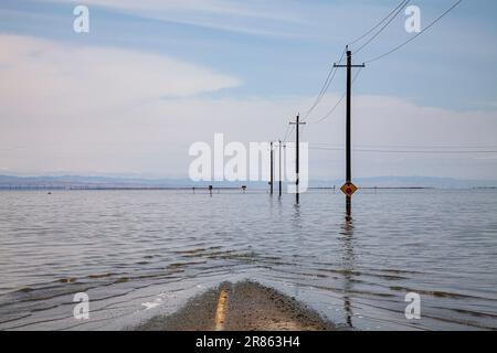 La strada è allagata. Il lago Tulare, situato nella Central Valley della California, è stato per decenni un lago asciutto, ma è tornato alla vita dopo le piogge maggiori d Foto Stock