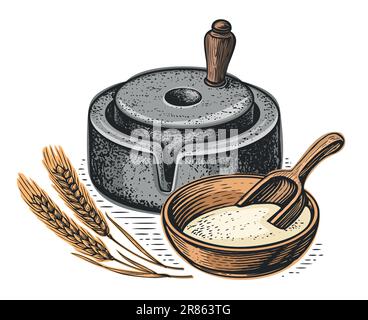 Grano, ciotola di grano e macina, illustrazione vettoriale. Produzione di farina. Mulino a mano, pietra utensile per la macinazione della granella Illustrazione Vettoriale