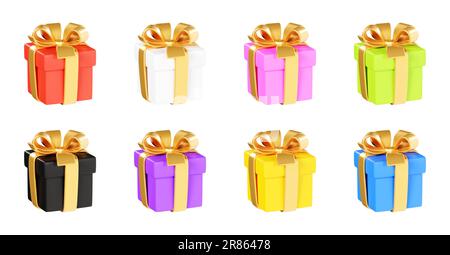 Confezione regalo con nastro dorato e fiocco, set illustrativo 3d - confezioni regalo chiuse di vari colori con decorazioni dorate. Foto Stock