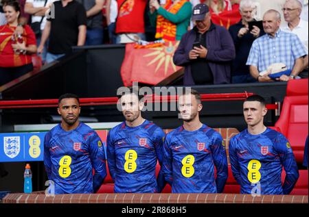 Da sinistra a destra, Callum Wilson, Jack Grealish, James Maddison e Phil Foden in Inghilterra prima della partita UEFA euro 2024 Qualificative Group C a Old Trafford, Manchester. Data immagine: Lunedì 19 giugno 2023. Foto Stock