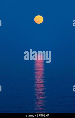 La Luna piena di fragole che sorge sulla costa settentrionale sopra Gichigami (Lago superiore), 2023 giugno. La Luna di fragola è anche chiamata Mead o Miele Mo Foto Stock