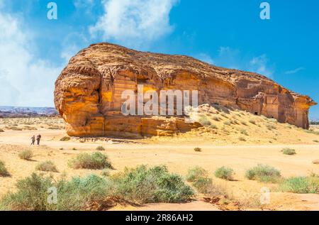 Jabal al Ahmar antica civiltà nabatea tombe scolpite in pietra, Hegra, Madinah Saleh, al Ula, Arabia Saudita Foto Stock