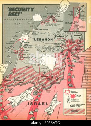 Mappa della cintura di sicurezza. Il conflitto del Libano del Sud, designato da Israele come zona di sicurezza nella campagna del Libano 1975-1978. Una mappa fu pubblicata nel 1978 Foto Stock