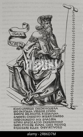 Il profeta Isaia, tenendo in mano una sega, lo strumento con cui fu torturato. Facsimile di un'incisione italiana del 15th° secolo. 'Les Arts au Moyen Age et a l'Epoque de la Renaissance', di Paul Lacroix. Parigi, 1877. Foto Stock