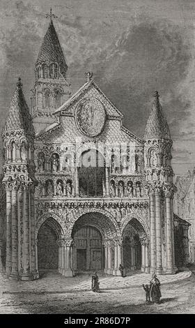 Poitiers, Francia. Chiesa di Notre-Dame-la-Grande. Stile romanico. Incisione. 'Les Arts au Moyen Age et a l'Epoque de la Renaissance', di Paul Lacroix. Parigi, 1877. Foto Stock