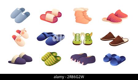 Scarpe da casa. Calzari domestici a forma di cartone animato, soffice slipper e scarpe comode, scarpe eleganti e confortevoli. Raccolta con isolamento vettoriale. Paia di morbido Illustrazione Vettoriale