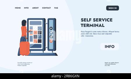 Atterraggio chiosco interattivo. Terminale self-service e modello di progettazione Web dello schermo di check-in. Layout del sito Web del chiosco Vector Checkout and Ordering. Passeggero Illustrazione Vettoriale