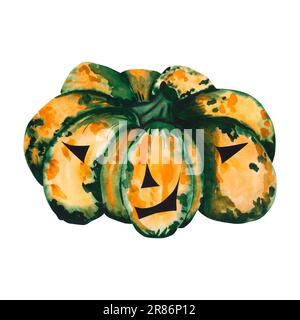 Acquerello illustrazione di una zucca con facce intagliate. Il disegno è fatto a mano per Halloween. Per il tuo progetto Foto Stock