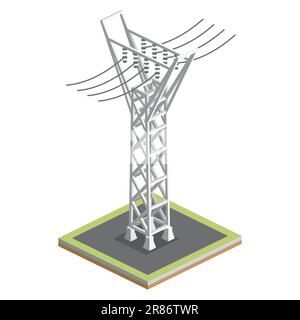 Linea di trasmissione ad alta tensione isometrica. Illustrazione vettoriale. Elemento della catena di distribuzione. Pilone elettrico isolato su sfondo bianco. Illustrazione Vettoriale