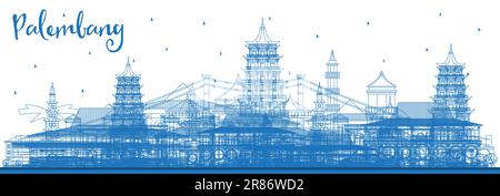 Profilo Palembang Indonesia City Skyline Con Edifici Blu. Illustrazione Vettoriale. Concetto Di Viaggio D'Affari E Turismo Con Architettura Storica. Illustrazione Vettoriale