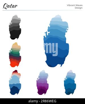 Set di mappe vettoriali del Qatar. Design dalle onde vibranti. Mappa luminosa del paese in stile geometrico con curve lisce. Mappa multicolore del Qatar per il tuo progetto. Illustrazione Vettoriale