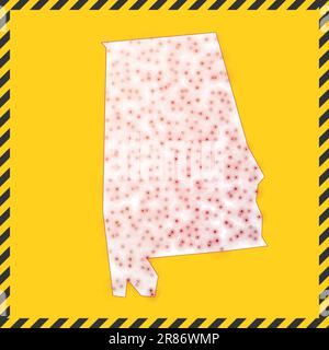 Alabama chiuso - segnale di pericolo del virus. Icona di blocco dello stato USA. Bordo a strisce nere intorno alla mappa con il concetto di diffusione del virus. Illustrazione vettoriale. Illustrazione Vettoriale
