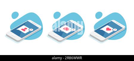 Notifiche push telefoniche e online. Più un nuovo seguace, come, commento. App social network e icona di notifica. Illustrazione isometrica vettoriale. Illustrazione Vettoriale