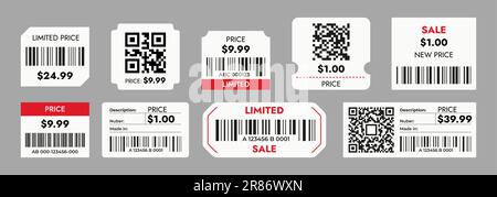 Prezzi con codici a barre. Sistema di codici a barre adesivi per articoli in vendita, etichette con codici e codice QR, marchio di prezzo del prodotto del negozio di alimentari. Centro commerciale vettoriale Illustrazione Vettoriale