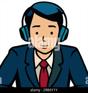 immagine di un operatore di telemarketing, di un uomo con un auricolare, di una persona che parla con un cliente, di un agente di call center, di un personaggio avatar principale Illustrazione Vettoriale