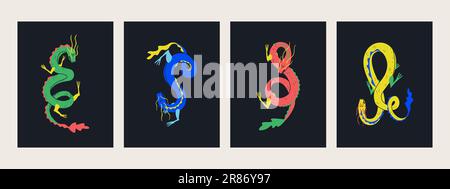 Set di personaggi mitologici asiatici e cinesi - draghi. Illustrazioni decorative multicolore su sfondo nero. Illustrazione Vettoriale