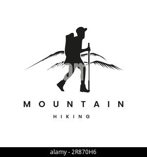 Illustrazione vintage retro Mountaineer silhouette, raffigurante un escursionista. Logo vettoriale premium Illustrazione Vettoriale