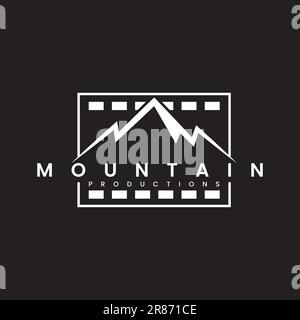 Film Strip logo ispirazione e montagna vettore logotipo premium. Su sfondo scuro Illustrazione Vettoriale