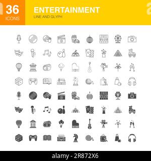 Icone di Web Glyph della linea di intrattenimento. Illustrazione vettoriale dei simboli di contorno e di piatto delle festività. Illustrazione Vettoriale