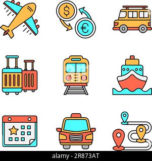 Icone Turismo e Viaggi in stile linea colorata Illustrazione Vettoriale