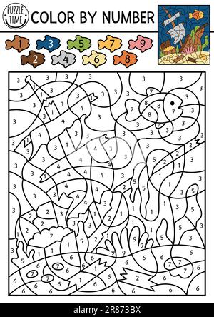 Vettore sotto il mare colore per numero attività con nave e pesce relitto. Scene di vita oceanica. Gioco di conteggio in bianco e nero con barca rovinata. Colorazione p Illustrazione Vettoriale