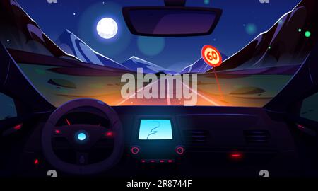 Auto guida strada di montagna di notte. Illustrazione del cartoon vettoriale del cruscotto all'interno della visualizzazione automatica, del volante e della navigazione cartografica sul pannello. Rocky la Illustrazione Vettoriale