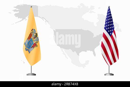 Bandiere USA e USA del New Jersey per l'incontro ufficiale sullo sfondo della mappa mondiale. Illustrazione Vettoriale