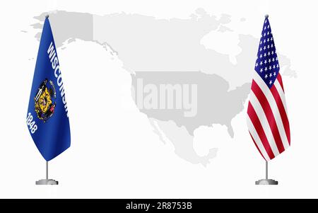 Bandiera USA e USA del Wisconsin per l'incontro ufficiale sullo sfondo della mappa mondiale. Illustrazione Vettoriale