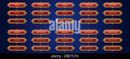 Set di cartoni animati del gioco medievale set di animazione pulsanti. Illustrazione vettoriale di barre rosse con cornici dorate. Gioca, avvia, acquista, Riprendi, riavvia, accedi, imposta Illustrazione Vettoriale
