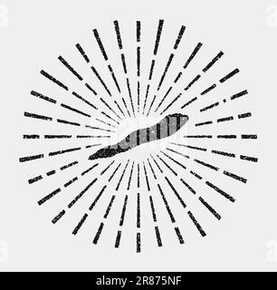 Mappa d'epoca di Cayman Brac. Il sole grunge scoppiò intorno all'isola. Nero Cayman Brac forma con raggi solari su sfondo bianco. Illustrazione vettoriale. Illustrazione Vettoriale