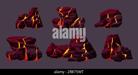Struttura di massi vulcanici con lava in crepe e pietre rotte. Rocce vulcaniche con effetto luminoso in fessure e rotture superficiali con magma caldo, vettore Illustrazione Vettoriale
