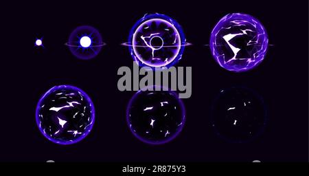 Magia elettrica palla fulmine sprite di animazione per il gioco di progettazione vettoriale. Purple Thunder Energy Attack fx set per l'esplosione video. Elemento telaio speciale Illustrazione Vettoriale