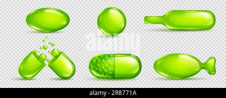 Pillole di vitamina, capsule con olio, medicina liquida, gel o collagene. Capsule verdi chiare di forme diverse, integratori alimentari e farmaci, vettori realisti Illustrazione Vettoriale