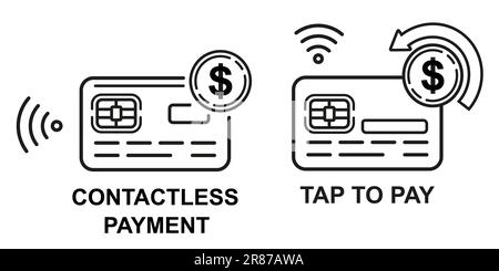 Carta di credito contactless wireless a pagamento con chip bancario, icona NFC tocca pay line. Trasferimento di denaro online senza contanti. Vettore finanziario per transazioni di cassa elettroniche Illustrazione Vettoriale