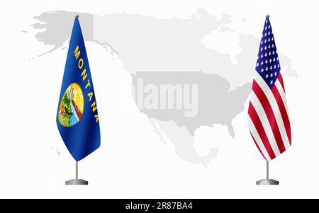 Bandiere degli Stati Uniti e degli Stati Uniti del Montana per l'incontro ufficiale sullo sfondo della mappa mondiale. Illustrazione Vettoriale